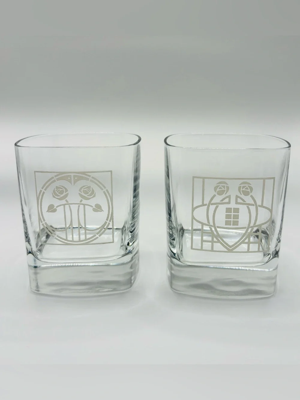 Pair of Charles Rennie Mackintosh Etched Crystal Whiskey Glasses – Mint Conditio